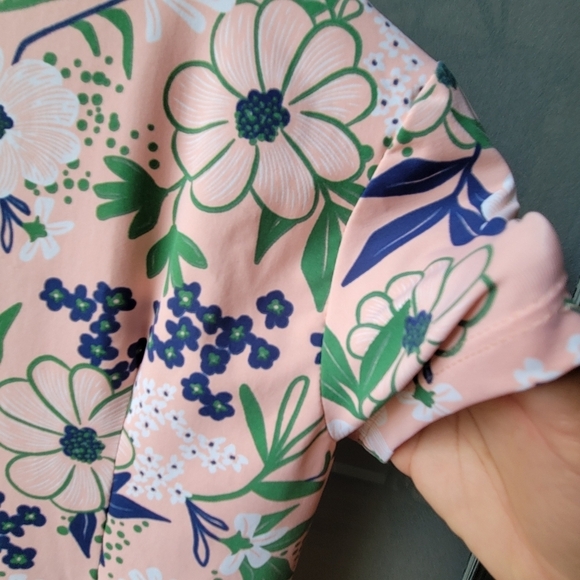 KATHERINE WAY Floral Mini Gold Dress Stretchy Short Sleeves XS Pockets Pink - Picture 10 of 11